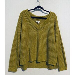 Lucky Brand Sweater Womens Large Green Yellow V Neck Chunky Hi Low Hem Boho